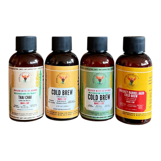 2oz Travel Cold Brew & Thai Chai Tea Concentrated Set of 4 - Rising For People Coffee Co.CoffeeRising For People Coffee Co.Rising For People Coffee Co.Rising for People Coffee concentrate bottles—2oz Travel Cold Brew & Thai Chai Tea Concentrated Set of 4 (Original cold brew, Whiskey Barrel cold brew, Happy Mushroom cold brew, Happy Mushroom Thai chai) Perfect for lattes, baking, cooking, and baking, Latte, Cappuccino, Coffee shop, Coffee shop near, Coffee near me, Roasted coffee, Speciality coff