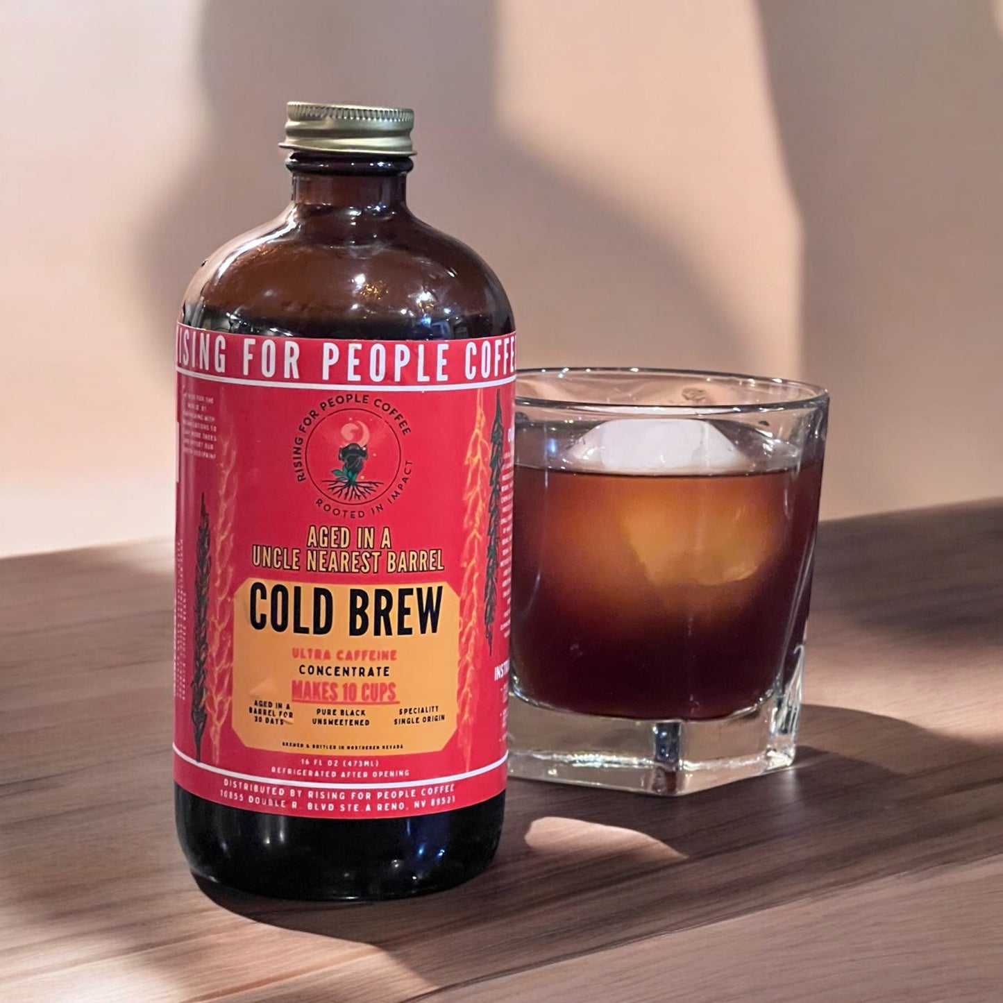 Aged Whiskey Barrel Concentrated Cold Brew Coffee - Rising For People Coffee Co.CoffeeRising For People Coffee Co.Rising For People Coffee Co.198168015705Rising for People Coffee cold brew bottle - organic specialty Guatemala coffee aged in an uncle nearest whiskey barrel for 30 days, roast light, ultra caffeine perfect organic gourmet coffee for lattes, baking, cooking, culinary use, Reno coffee near me, Latte, Cappuccino, Coffee shop, Coffee shop near, Coffee near me, Roasted coffee, Specialit