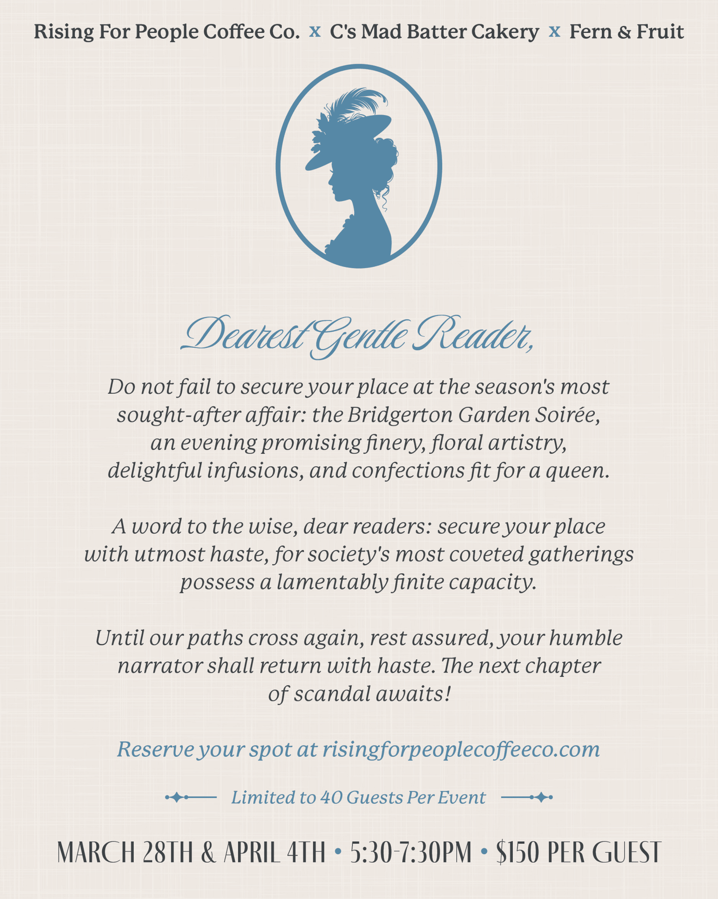 Bridgerton Garden Soiree Experience | Reno – March 28 & April 4 - Rising For People Coffee Co.Rising For People Coffee Co.Rising For People Coffee Co.Bridgerton Garden Soiree Experience | Reno – March 28 & April 4