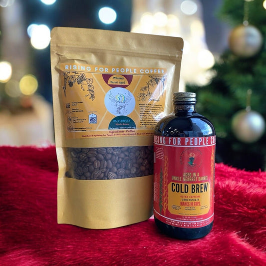 Guatemala - Aged Whiskey barrel Coffee - Rising For People Coffee Co.CoffeeRising For People Coffee Co.Rising For People Coffee Co.Rising for People Coffee bag and cold brew bottle - organic specialty Guatemala coffee aged in an uncle nearest whiskey barrel for 30 days, roast light, ultra caffeine perfect organic gourmet coffee for lattes, baking, cooking, culinary use, Reno coffee near me, Latte, Cappuccino, Coffee shop, Coffee shop near, Coffee near me, Roasted coffee, Speciality coffee, Green