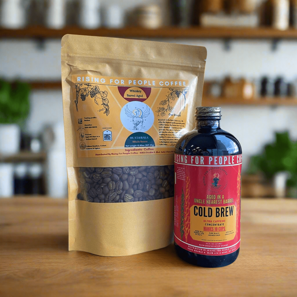 Guatemala - Aged Whiskey barrel Coffee - Rising For People Coffee Co.CoffeeRising For People Coffee Co.Rising For People Coffee Co.Rising for People Coffee bag and cold brew bottle - organic specialty Guatemala coffee aged in an uncle nearest whiskey barrel for 30 days, roast light, ultra caffeine perfect organic gourmet coffee for lattes, baking, cooking, culinary use, Reno coffee near me, Latte, Cappuccino, Coffee shop, Coffee shop near, Coffee near me, Roasted coffee, Speciality coffee, Green