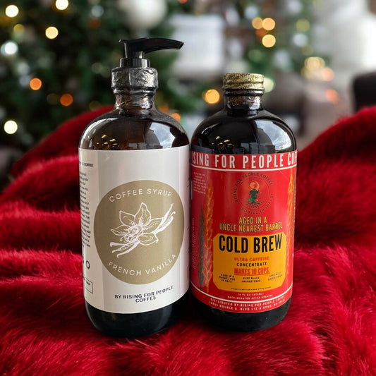 Guatemala Whiskey barrel Cold Brew bundle - Rising For People Coffee Co.CoffeeRising For People Coffee Co.Rising For People Coffee Co.Rising for people coffee— 16oz Whiskey Barrel Aged Cold Brew Concentrate and 16oz French Vanilla Syrup, Latte, Cappuccino, Coffee shop, Coffee shop near, Coffee near me, Roasted coffee, Speciality coffee, Green coffee, Black coffee, Espresso machine, French press, Espresso, Takeout coffee near
