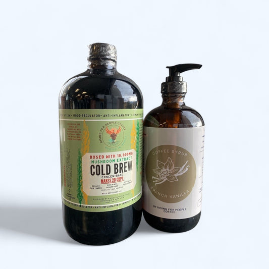 Happy mushroom Cold Brew & French Vanilla Coffee Syrup - Rising For People Coffee Co.CoffeeRising For People Coffee Co.Rising For People Coffee Co.Rising for people coffee— 32oz Happy Mushroom Cold Brew Concentrate and 16oz French Vanilla Syrup, Rising for people coffee— 32oz Happy Mushroom Thai Chai Concentrate and 16oz French Vanilla Syrup Perfect for lattes, baking, cooking, and baking, Latte, Cappuccino, Coffee shop, Coffee shop near, Coffee near me, Roasted coffee, Speciality coffee, Green