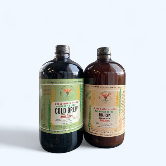 Happy Mushroom Cold Brew & Thai Chai Concentrate - Rising For People Coffee Co.CoffeeRising For People Coffee Co.Rising For People Coffee Co.Rising for people coffee— 32oz Happy Mushroom Thai Chai Concentrate and 32oz Happy Mushroom Cold Brew Concentrate Perfect for lattes, baking, cooking, and baking