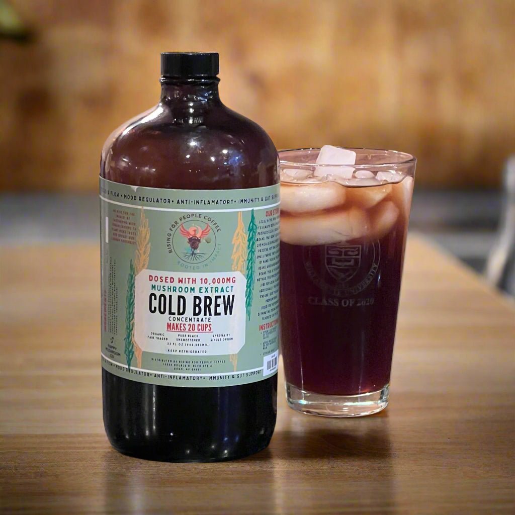 Happy Mushroom concentrated Cold Brew coffee - Rising For People Coffee Co.CoffeeRising For People Coffee Co.Rising For People Coffee Co.Rising For people coffee cold brew bottle. Specialty gourmet concentrated cold brew dosed with lions mane, Chaga, Cordyceps, turkey tail, Reishi. Latte, Cappuccino, Coffee shop, Coffee shop near, Coffee near me, Roasted coffee, Speciality coffee, Green coffee, Black coffee, Espresso machine, French press, Espresso, Takeout coffee near