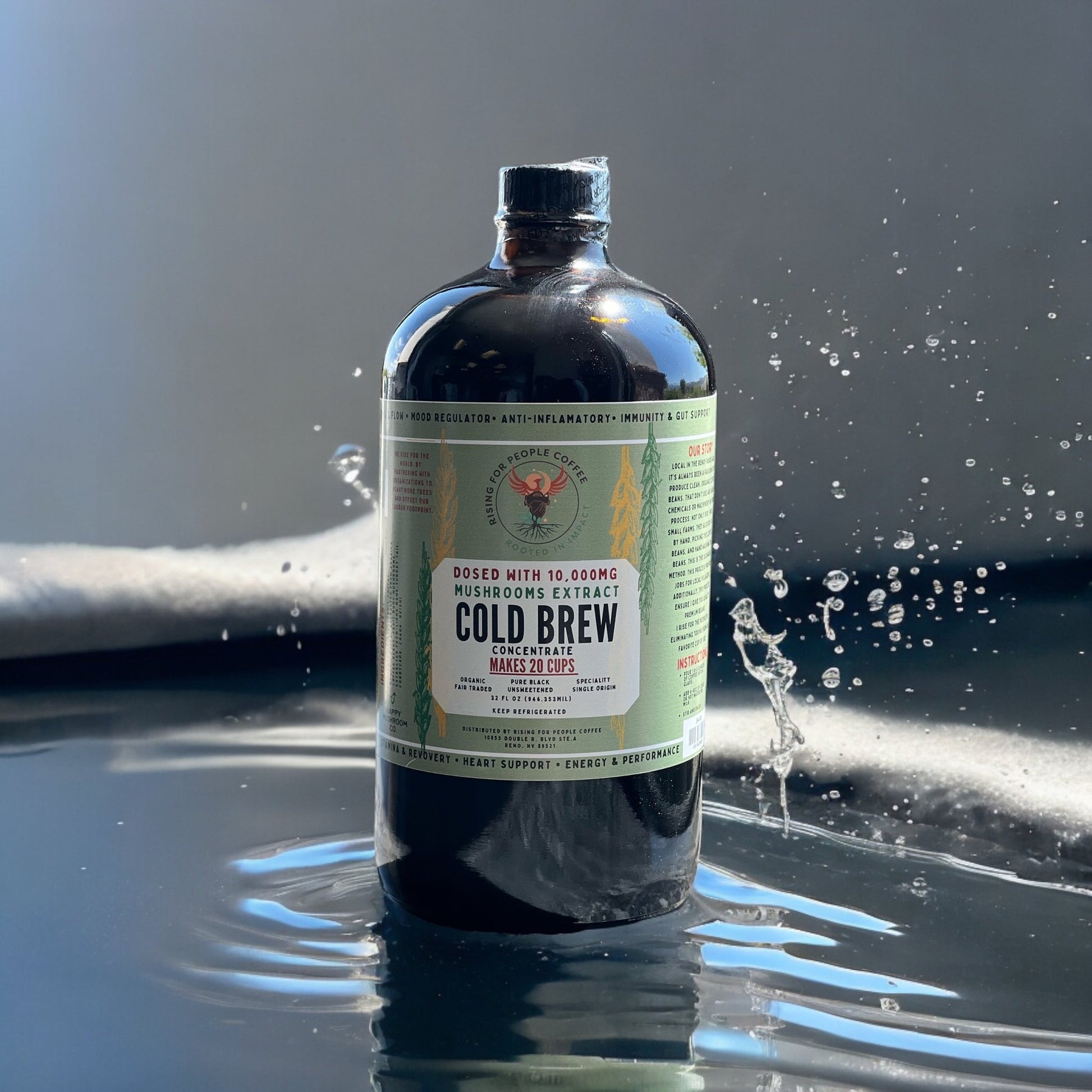 Happy Mushroom concentrated Cold Brew coffee - Rising For People Coffee Co.CoffeeRising For People Coffee Co.Rising For People Coffee Co.Rising For people coffee cold brew bottle. Specialty gourmet concentrated cold brew dosed with lions mane, Chaga, Cordyceps, turkey tail, Reishi. Latte, Cappuccino, Coffee shop, Coffee shop near, Coffee near me, Roasted coffee, Speciality coffee, Green coffee, Black coffee, Espresso machine, French press, Espresso, Takeout coffee near