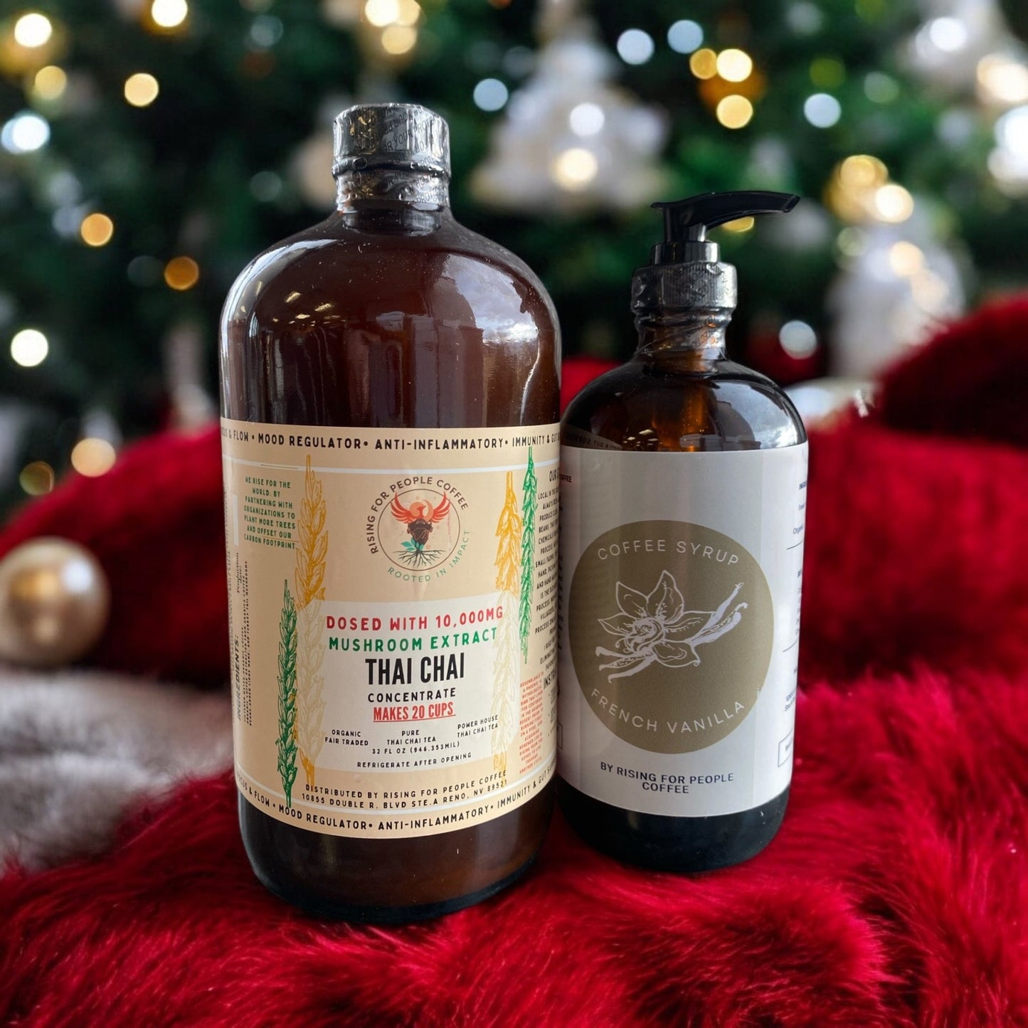 Happy Mushroom Thai Chai & French Vanilla Syrup - Rising For People Coffee Co.CoffeeRising For People Coffee Co.Rising For People Coffee Co.Rising for people coffee— 32oz Happy Mushroom Thai Chai Concentrate and 16oz French Vanilla Syrup Perfect for lattes, baking, cooking, and baking, Latte, Cappuccino, Coffee shop, Coffee shop near, Coffee near me, Roasted coffee, Speciality coffee, Green coffee, Black coffee, Espresso machine, French press, Espresso, Takeout coffee near