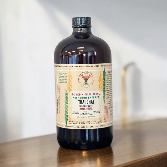 Happy Mushroom Thai Chai Tea Concentrate - Rising For People Coffee Co.TeaRising For People Coffee Co.Rising For People Coffee Co.2324735thai chai tea concentrate dosed with happy mushroom by rising for people coffee. Perfect for lattes, baking, cooking, and baking, Latte, Cappuccino, Coffee shop, Coffee shop near, Coffee near me, Roasted coffee, Speciality coffee, Green coffee, Black coffee, Espresso machine, French press, Espresso, Takeout coffee near