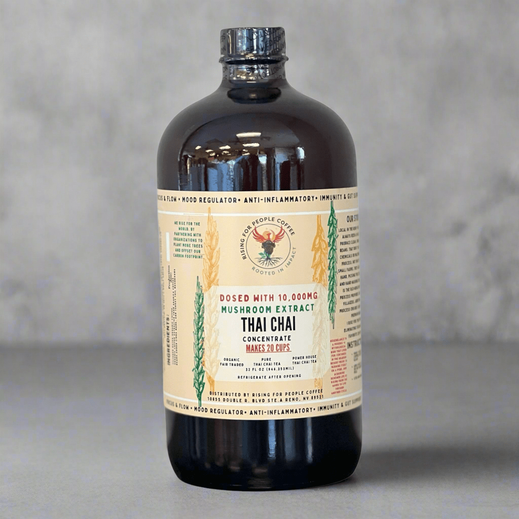 Happy Mushroom Thai Chai Tea Concentrate - Rising For People Coffee Co.TeaRising For People Coffee Co.Rising For People Coffee Co.2324734Rising for people coffee - Thai chai Tea concentrated doses with happy mushrooms - reshi, Chaga, Cordyceps,turkey tail, lions mane. Perfect for lattes, baking, cooking, and baking, Latte, Cappuccino, Coffee shop, Coffee shop near, Coffee near me, Roasted coffee, Speciality coffee, Green coffee, Black coffee, Espresso machine, French press, Espresso, Takeout cof