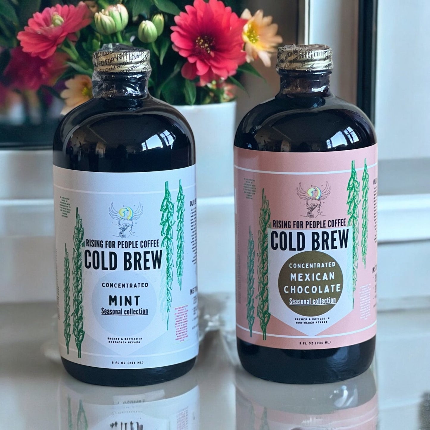 Limited Edition - Bundle Cold Brew Coffee Concentrate - Rising For People Coffee Co.CoffeeRising For People Coffee Co.Rising For People Coffee Co.Rising for people coffee spring collection bundle deal of the cool mint cold brew coffee and Mexican chocolate cold brew concentrate. Best for lattes, cold brew, baking, cooking , sugar free coffee, dairy free coffee, organic and speciality coffee, near me, gourmet coffee, black owned coffee company , Latte, Cappuccino, Coffee shop, Coffee shop near, C