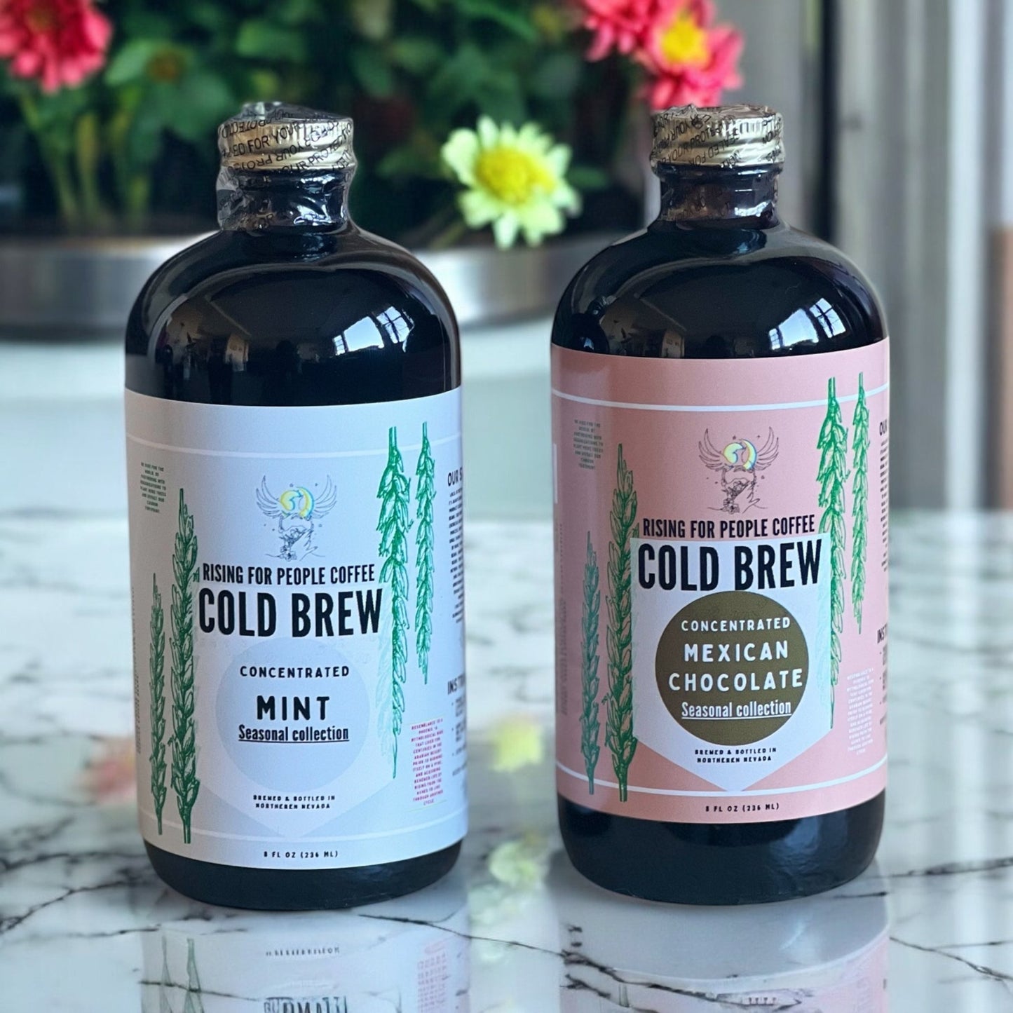 Limited Edition - Bundle Cold Brew Coffee Concentrate - Rising For People Coffee Co.CoffeeRising For People Coffee Co.Rising For People Coffee Co.Rising for people coffee spring collection bundle deal of the cool mint cold brew coffee and Mexican chocolate cold brew concentrate. Best for lattes, cold brew, baking, cooking , sugar free coffee, dairy free coffee, organic and speciality coffee, near me, gourmet coffee, black owned coffee company , Latte, Cappuccino, Coffee shop, Coffee shop near, C