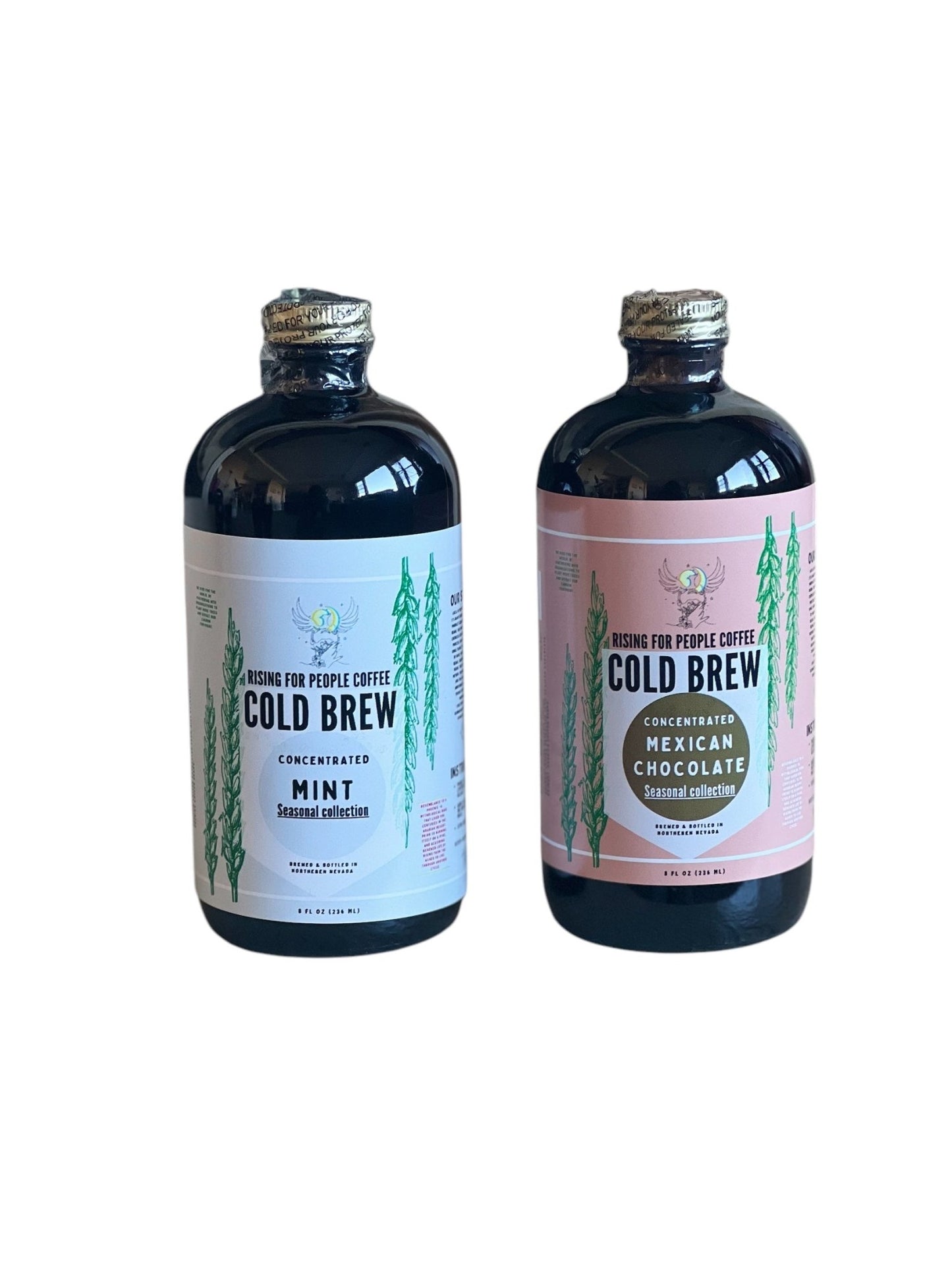 Limited Edition - Bundle Cold Brew Coffee Concentrate - Rising For People Coffee Co.CoffeeRising For People Coffee Co.Rising For People Coffee Co.Rising for people coffee spring collection bundle deal of the cool mint cold brew coffee and Mexican chocolate cold brew concentrate. Best for lattes, cold brew, baking, cooking , sugar free coffee, dairy free coffee, organic and speciality coffee, near me, gourmet coffee, black owned coffee company , Latte, Cappuccino, Coffee shop, Coffee shop near, C