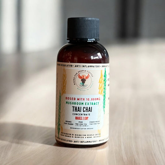 2oz Travel Thai Chai Tea Concentrate - Rising For People Coffee Co.CoffeeRising For People Coffee Co.Rising For People Coffee Co.Rising for People Coffee concentrate bottle— 2oz Travel Happy Mushroom Thai Chai Concentrate Perfect for lattes, baking, cooking, and baking, Latte, Cappuccino, Coffee shop, Coffee shop near, Coffee near me, Roasted coffee, Speciality coffee, Green coffee, Black coffee, Espresso machine, French press, Espresso, Takeout coffee near