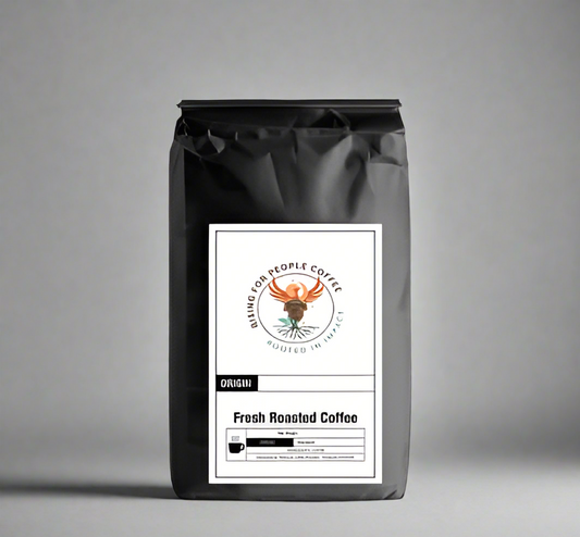 Rising for People Coffee bag—cinnamon roll flavor , medium-dark roast