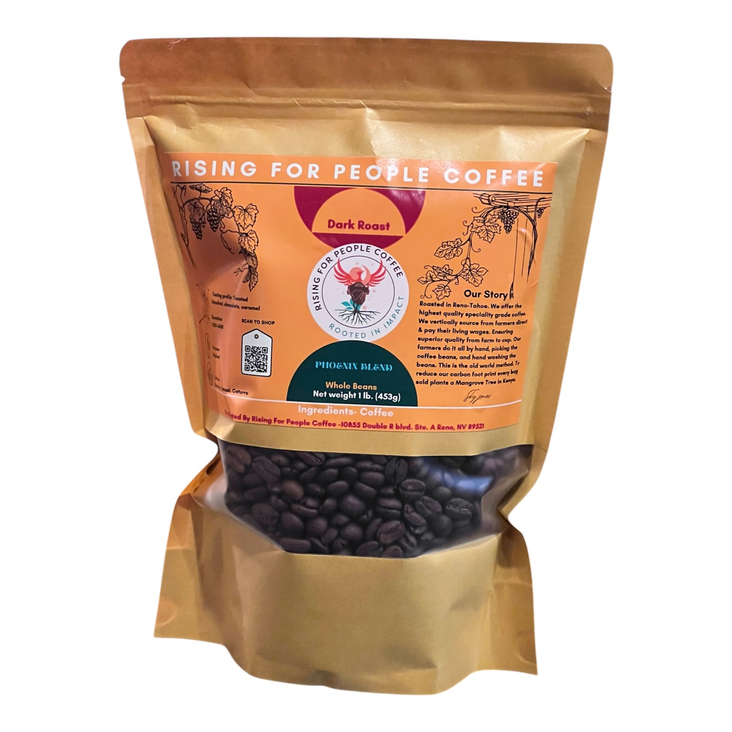 Rising for People Coffee bag— Guatemala and Colombia specialty gourmet blend. Dark roast coffee, low caffeine 