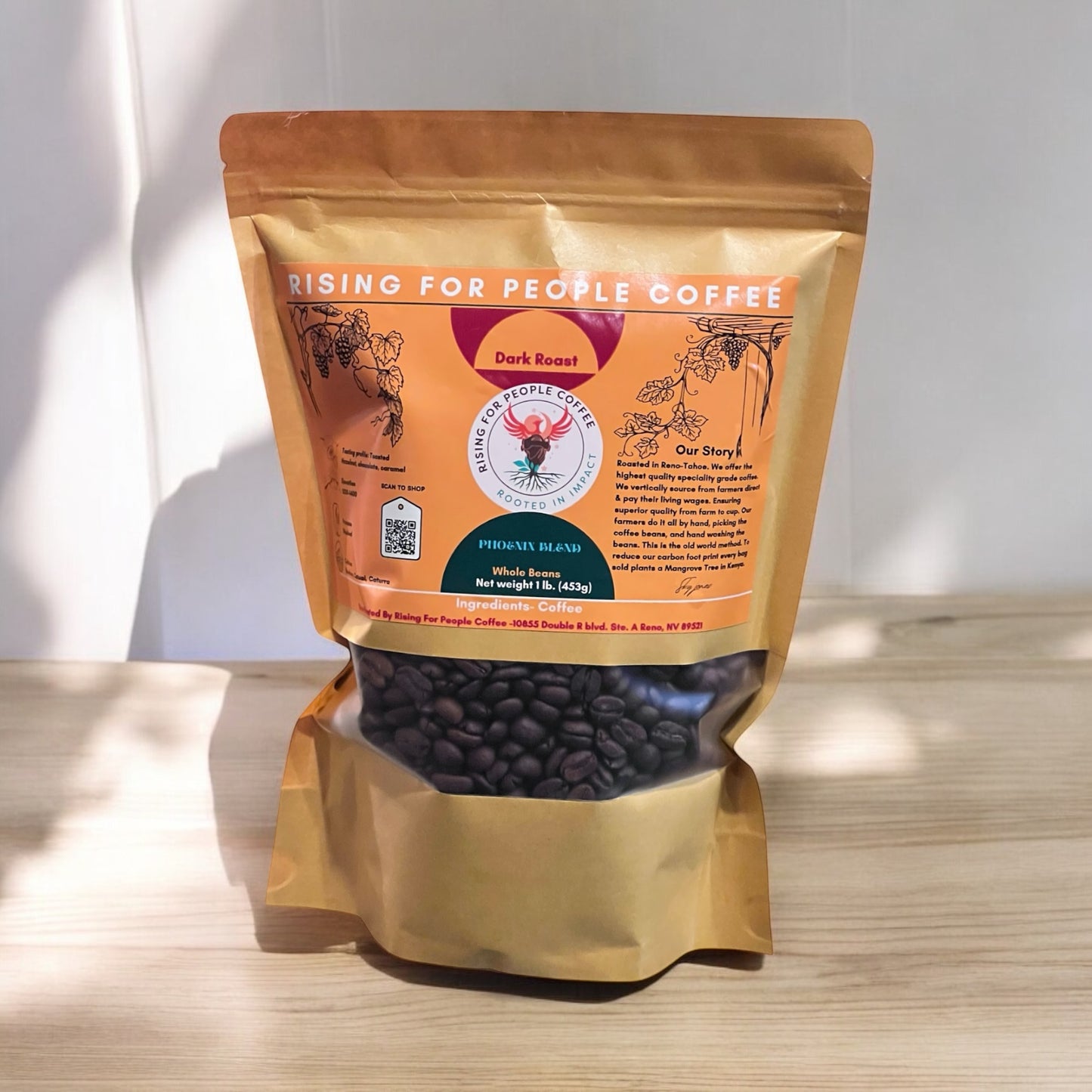 Rising for People Coffee bag— Guatemala and Colombia specialty gourmet blend. Dark roast coffee, low caffeine 