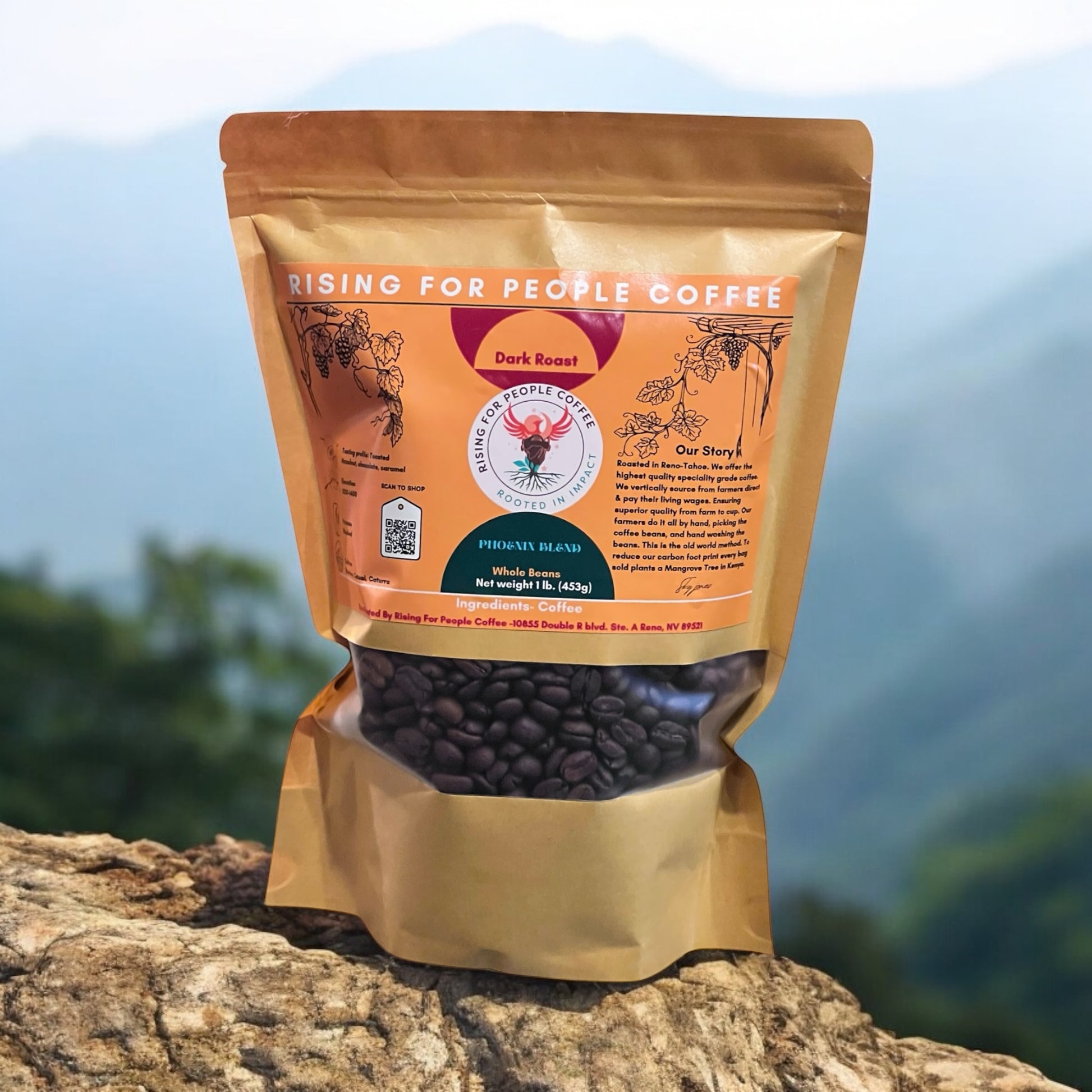 Rising for People Coffee bag— Guatemala and Colombia specialty gourmet blend. Dark roast coffee, low caffeine 