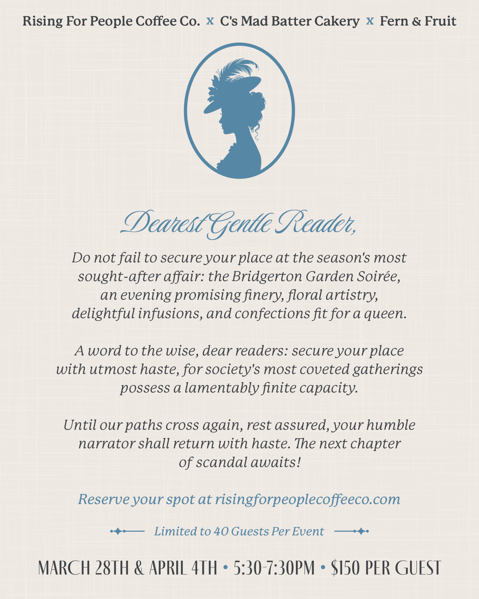 Bridgerton Garden Soiree Experience | Reno – March 28 & April 4 - Rising For People Coffee Co.Rising For People Coffee Co.Rising For People Coffee Co.Bridgerton Garden Soiree Experience | Reno – March 28 & April 4