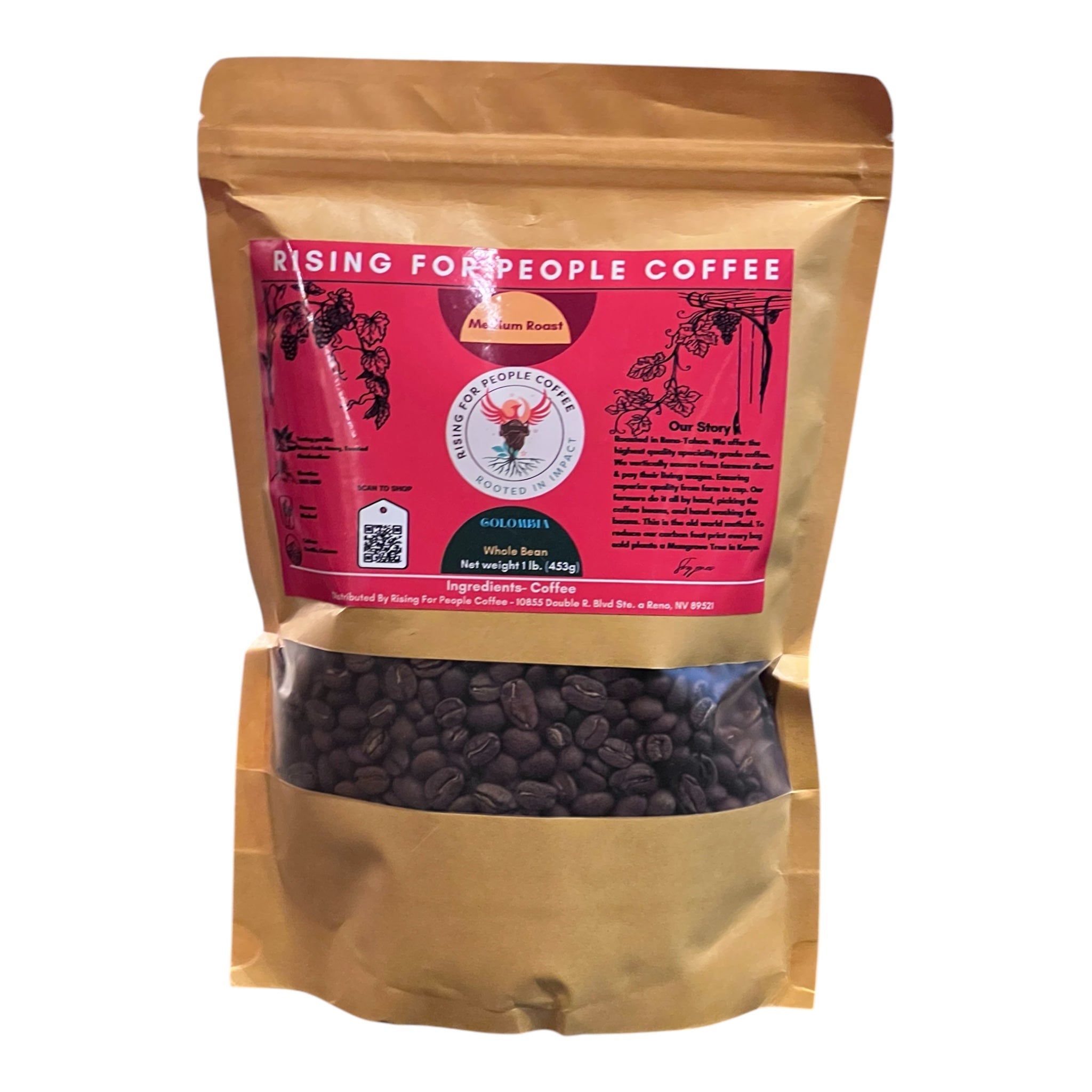 Colombia Coffee - Rising For People Coffee Co.CoffeeRising For People Coffee Co.Rising For People Coffee Co.C - COLOMBIA - ST - 1LB - KRRising for People Coffee coffee bag— Organic Colombia, medium roast, Rising for People Coffee bag— Organic Ethiopia natural Single Origin Speciality medium Roasted Coffee beans , Latte, Cappuccino, Coffee shop, Coffee shop near, Coffee near me, Roasted coffee, Speciality coffee, Green coffee, Black coffee, Espresso machine, French press, Espresso, Takeout coffee