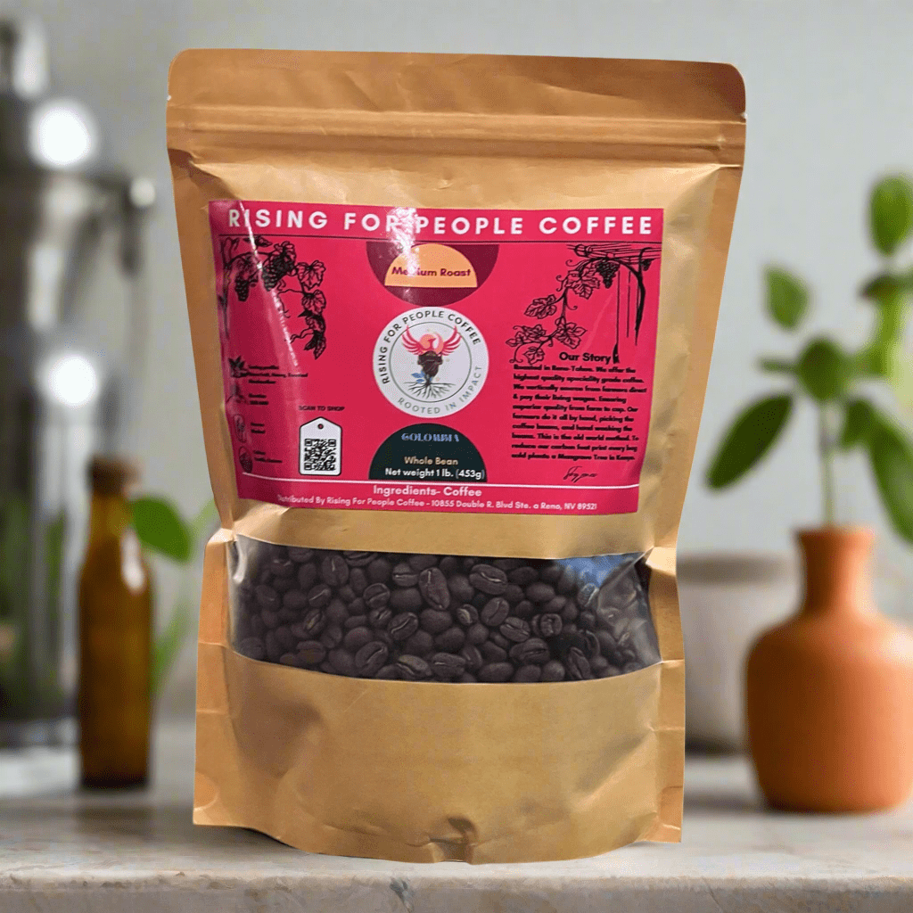 Colombia Coffee - Rising For People Coffee Co.CoffeeRising For People Coffee Co.Rising For People Coffee Co.C - COLOMBIA - ST - 1LB - KRRising for People Coffee coffee bag— Organic Colombia, medium roast, Latte, Cappuccino, Coffee shop, Coffee shop near, Coffee near me, Roasted coffee, Speciality coffee, Green coffee, Black coffee, Espresso machine, French press, Espresso, Takeout coffee near