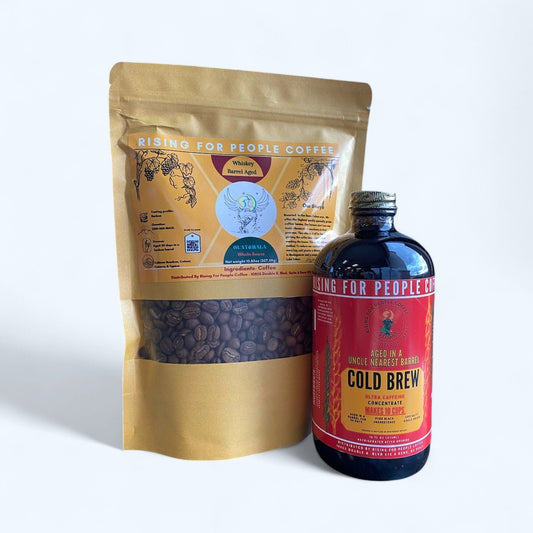 Guatemala - Aged Whiskey barrel Coffee - Rising For People Coffee Co.CoffeeRising For People Coffee Co.Rising For People Coffee Co.Rising for People Coffee bag and cold brew bottle - organic specialty Guatemala coffee aged in an uncle nearest whiskey barrel for 30 days, roast light, ultra caffeine perfect organic gourmet coffee for lattes, baking, cooking, culinary use, Reno coffee near me, Latte, Cappuccino, Coffee shop, Coffee shop near, Coffee near me, Roasted coffee, Speciality coffee, Green