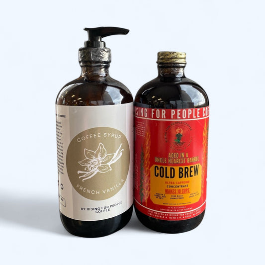 Guatemala Whiskey barrel Cold Brew bundle - Rising For People Coffee Co.CoffeeRising For People Coffee Co.Rising For People Coffee Co.Rising for people coffee— 16oz Whiskey Barrel Aged Cold Brew Concentrate and 16oz French Vanilla Syrup, Latte, Cappuccino, Coffee shop, Coffee shop near, Coffee near me, Roasted coffee, Speciality coffee, Green coffee, Black coffee, Espresso machine, French press, Espresso, Takeout coffee near