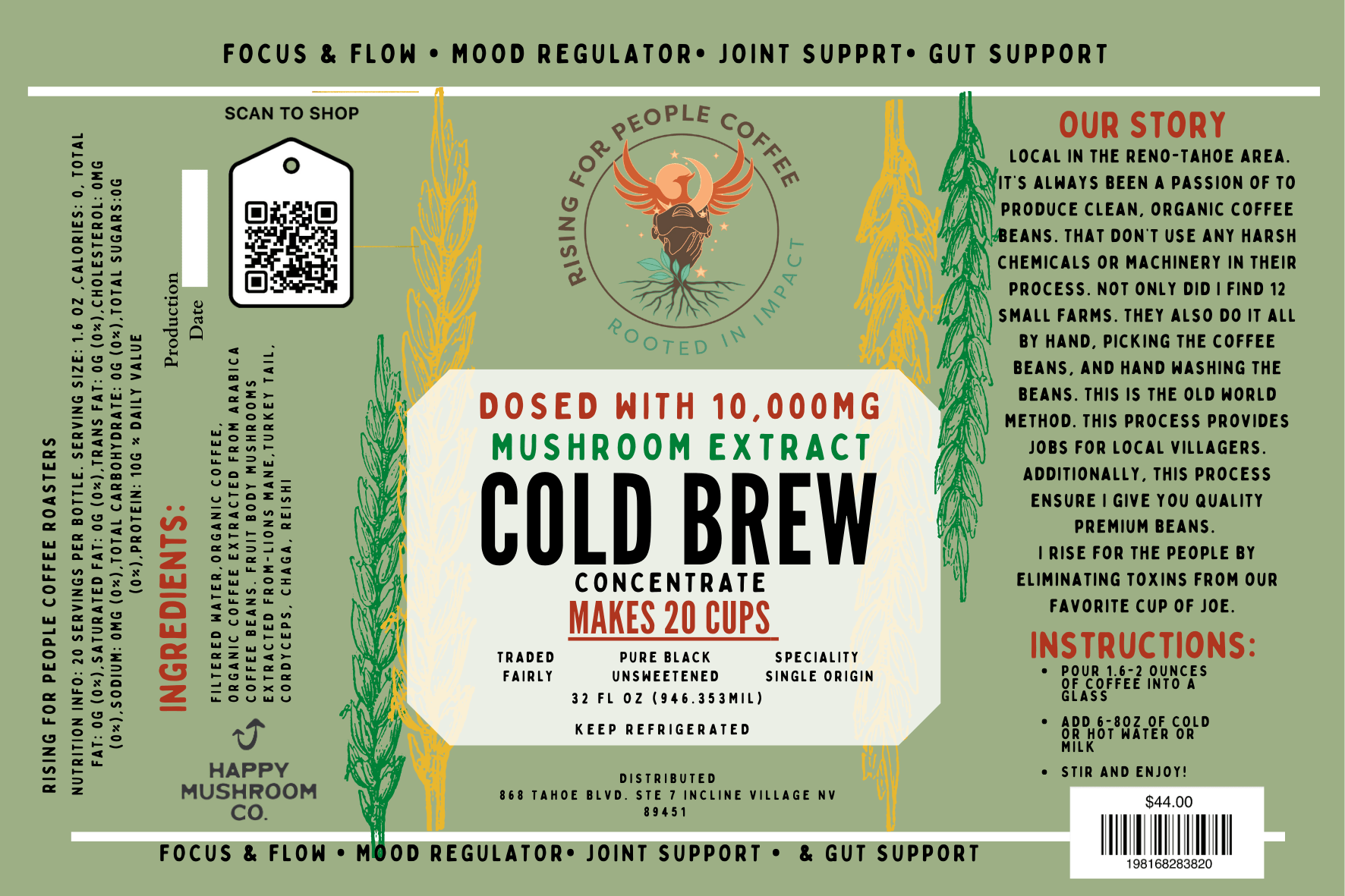 Happy Mushroom Cold Brew & Thai Chai Concentrate - Rising For People Coffee Co.CoffeeRising For People Coffee Co.Rising For People Coffee Co.Rising For people coffee mushroom cold brew coffee bottle. Specialty gourmet concentrated cold brew dosed with lions mane, Chaga, Cordyceps, turkey tail, Reishi - video Latte, Cappuccino, Coffee shop, Coffee shop near, Coffee near me, Roasted coffee, Speciality coffee, Green coffee, Black coffee, Espresso machine, French press, Espresso, Takeout coffee near