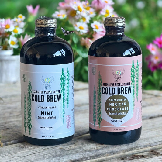 Limited Edition - Bundle Cold Brew Coffee Concentrate - Rising For People Coffee Co.CoffeeRising For People Coffee Co.Rising For People Coffee Co.Rising for people coffee spring collection bundle deal of the cool mint cold brew coffee and Mexican chocolate cold brew concentrate. Best for lattes, cold brew, baking, cooking , sugar free coffee, dairy free coffee, organic and speciality coffee, near me, gourmet coffee, black owned coffee company , Latte, Cappuccino, Coffee shop, Coffee shop near, C