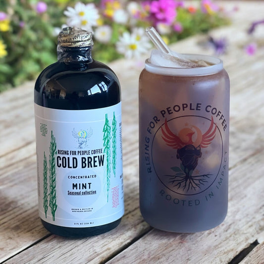 Limited Edition - Cool Mint Cold Brew Concentrate Coffee - Rising For People Coffee Co.CoffeeRising For People Coffee Co.Rising For People Coffee Co.Rising for people coffee spring collection of the cool mint cold brew coffee concentrate. Best for lattes, cold brew, baking, cooking , sugar free coffee, dairy free coffee, organic and speciality coffee, near me, gourmet coffee, black owned coffee company , Latte, Cappuccino, Coffee shop, Coffee shop near, Coffee near me, Roasted coffee, Speciality