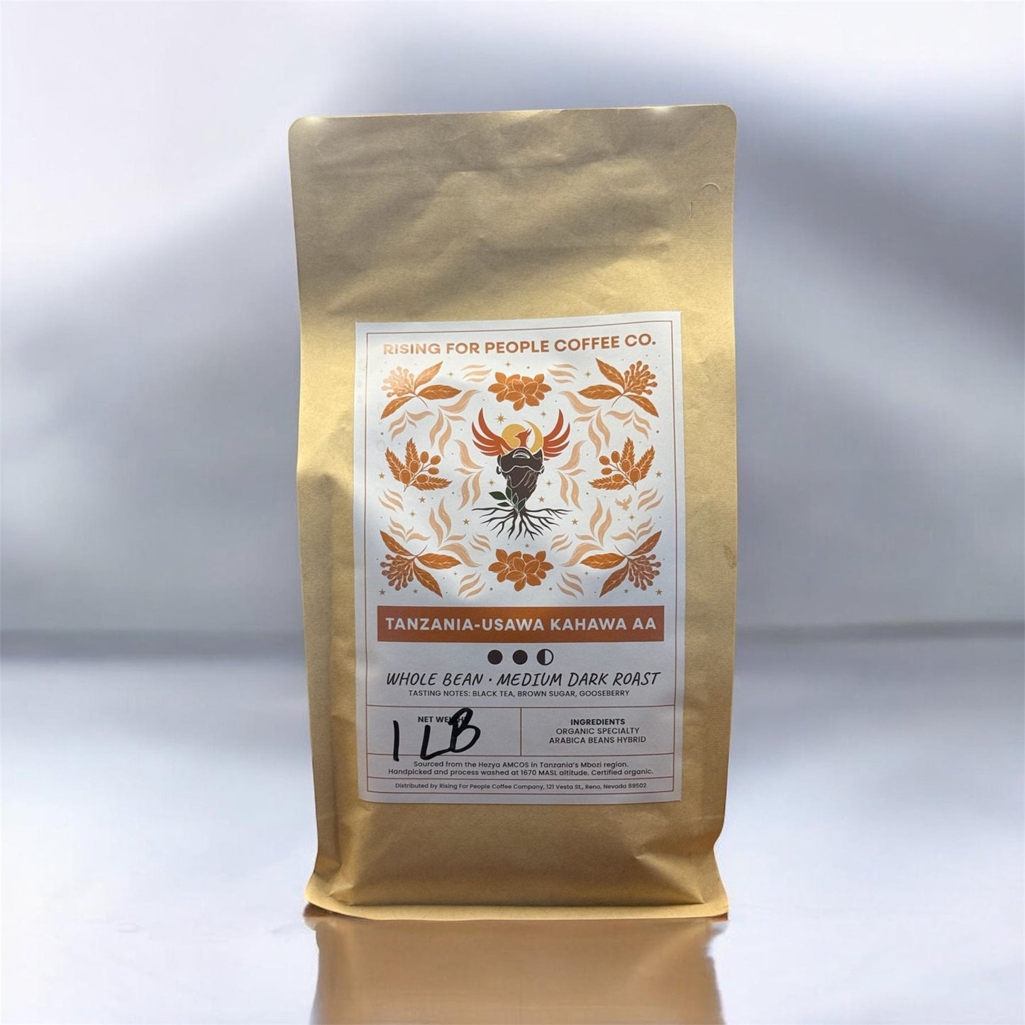 Tanzania Usawa Kahawa AA - Medium Dark Roast - Rising For People Coffee Co.CoffeeRising For People Coffee Co.Rising For People Coffee Co.Rising For People Coffee Co. Tanzania Usawa Kahawa AA medium - dark roast coffee bag - certified organic whole bean 1lb